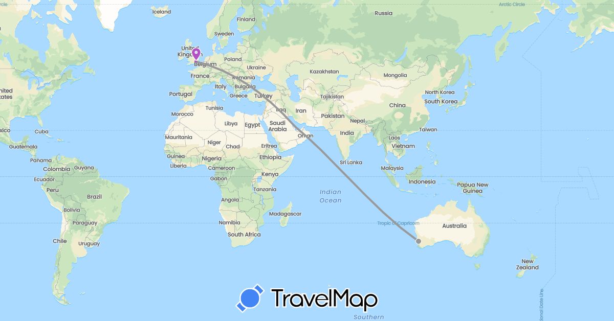 TravelMap itinerary: driving, plane, train in Australia, United Kingdom, Qatar (Asia, Europe, Oceania)